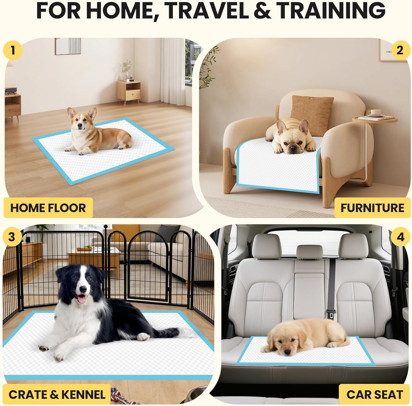 Pack of 100 VJJ extra large puppy pads neatly stacked highlighting bulk quantities for pet owners.