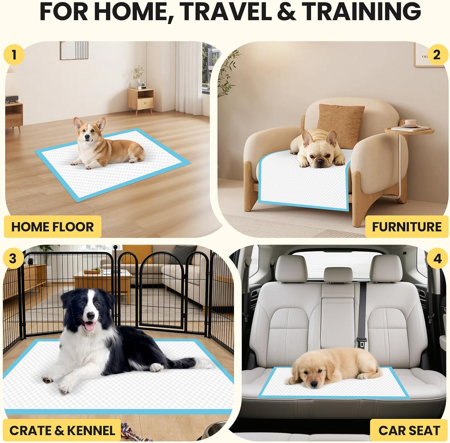 Pack of 100 VJJ extra large puppy pads neatly stacked highlighting bulk quantities for pet owners.