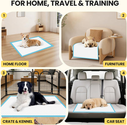 Pack of 100 VJJ extra large puppy pads neatly stacked highlighting bulk quantities for pet owners.