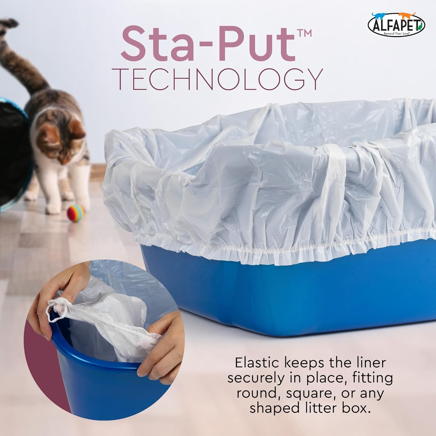 Hygienic tie free cat litter disposal bag being lifted out of a plastic litterbox