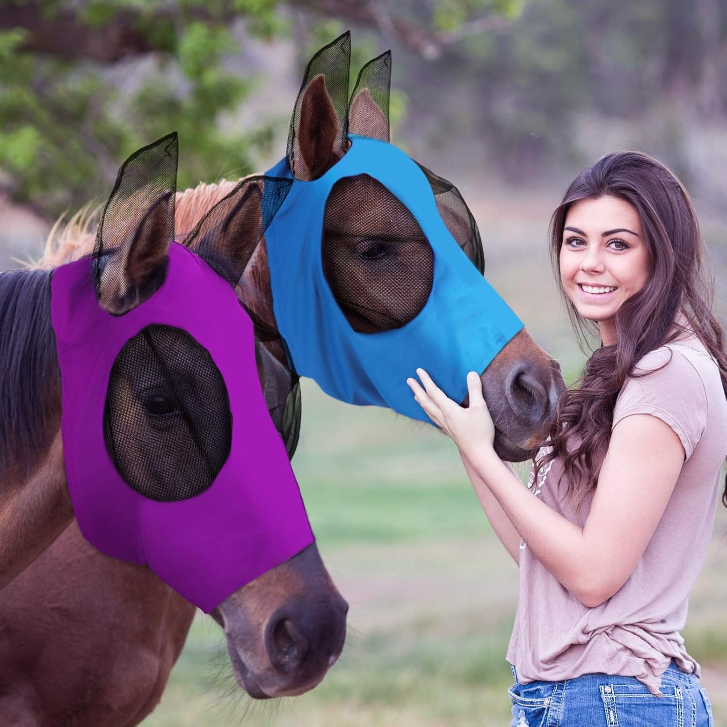 Weewooday 2 Pcs Horse Fly Mask with Ears, Soft Stretchy Horses Face Masks for Flies, Breathable Mesh Eye Cover, UV Protection Horse Masks for Pasture, Barn, Turnout(L,Purple, Pink) - Image 11