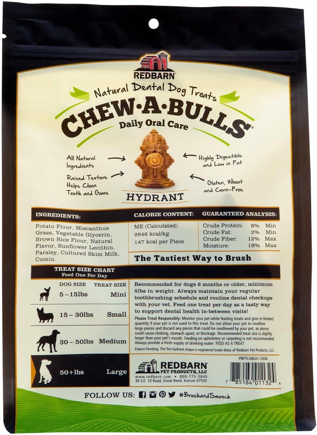 Redbarn Chew-A-Bulls dental chews for large dogs ingredient label