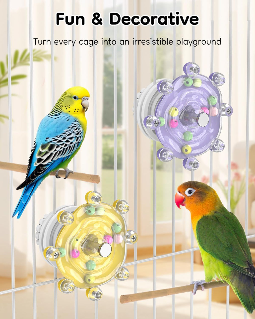 Small bird engaging with interactive rattle toy for mental stimulation.