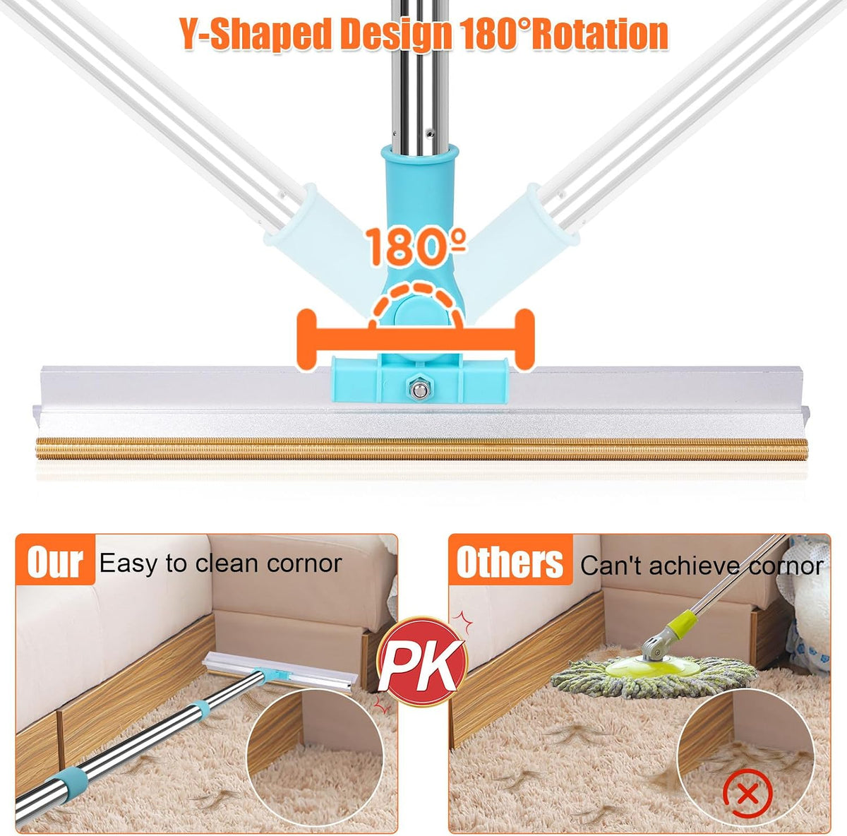 60-inch long handle carpet broom demonstrating three adjustable height sections