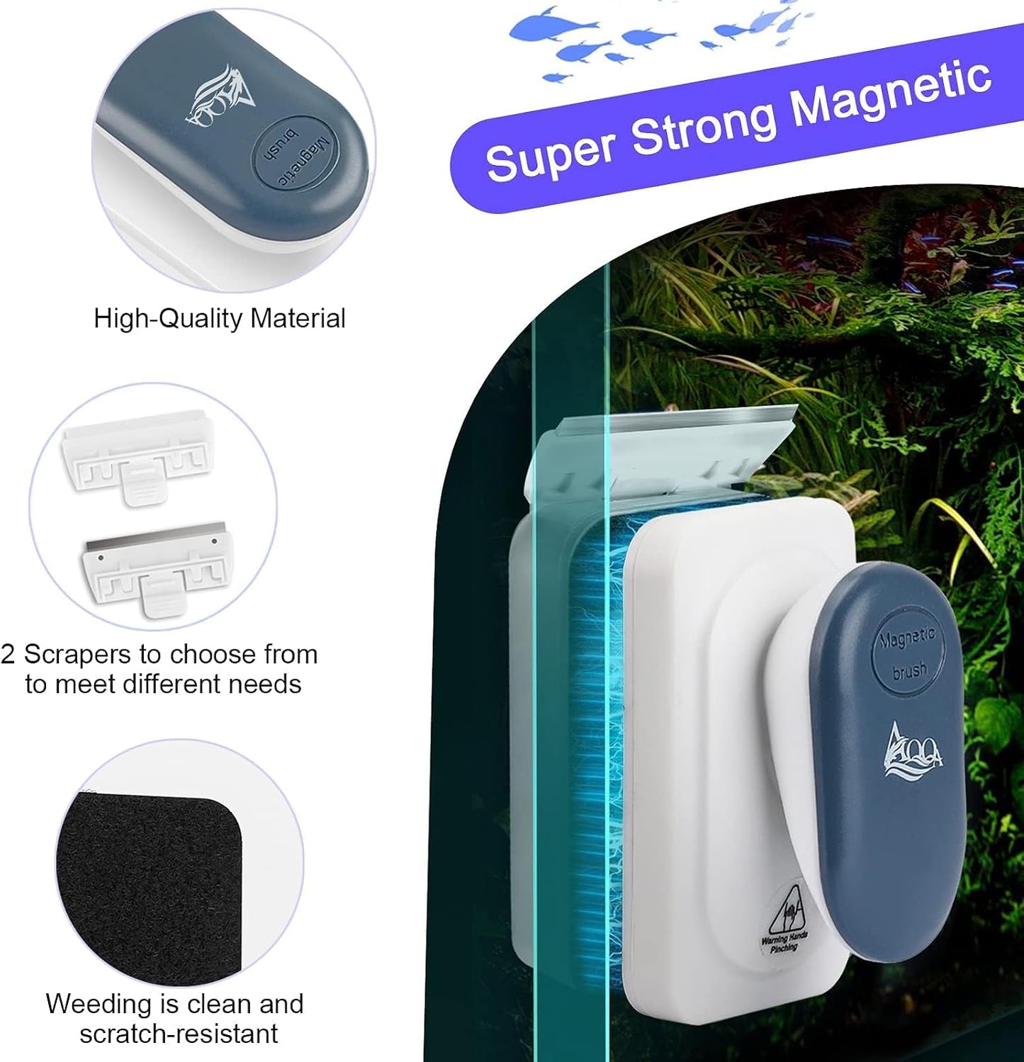 AQQA small size magnetic aquarium brush highlighting the anti scratch cleaning pad surface.