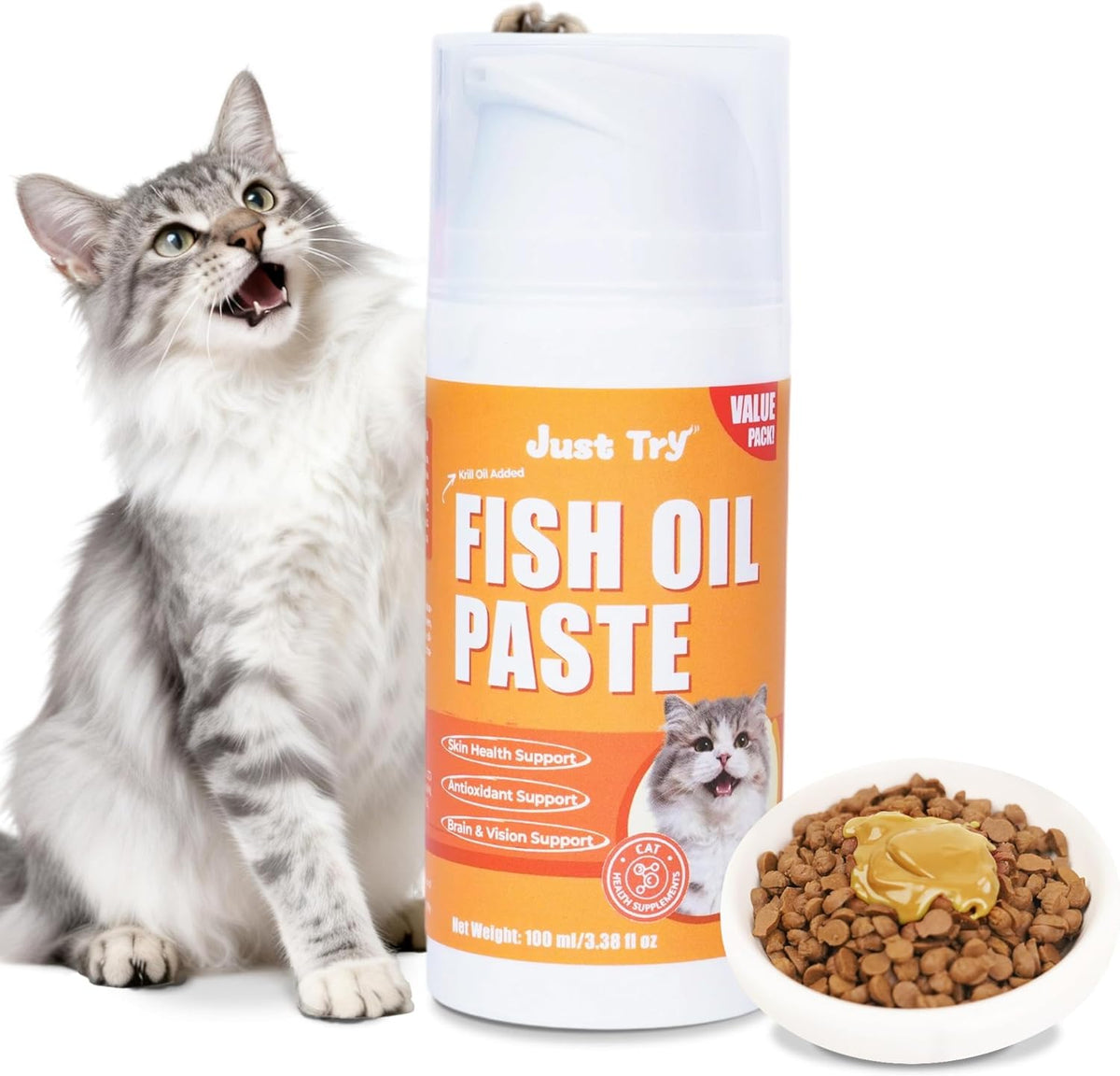 Just Try Fish Oil Paste for indoor cats front view packaging