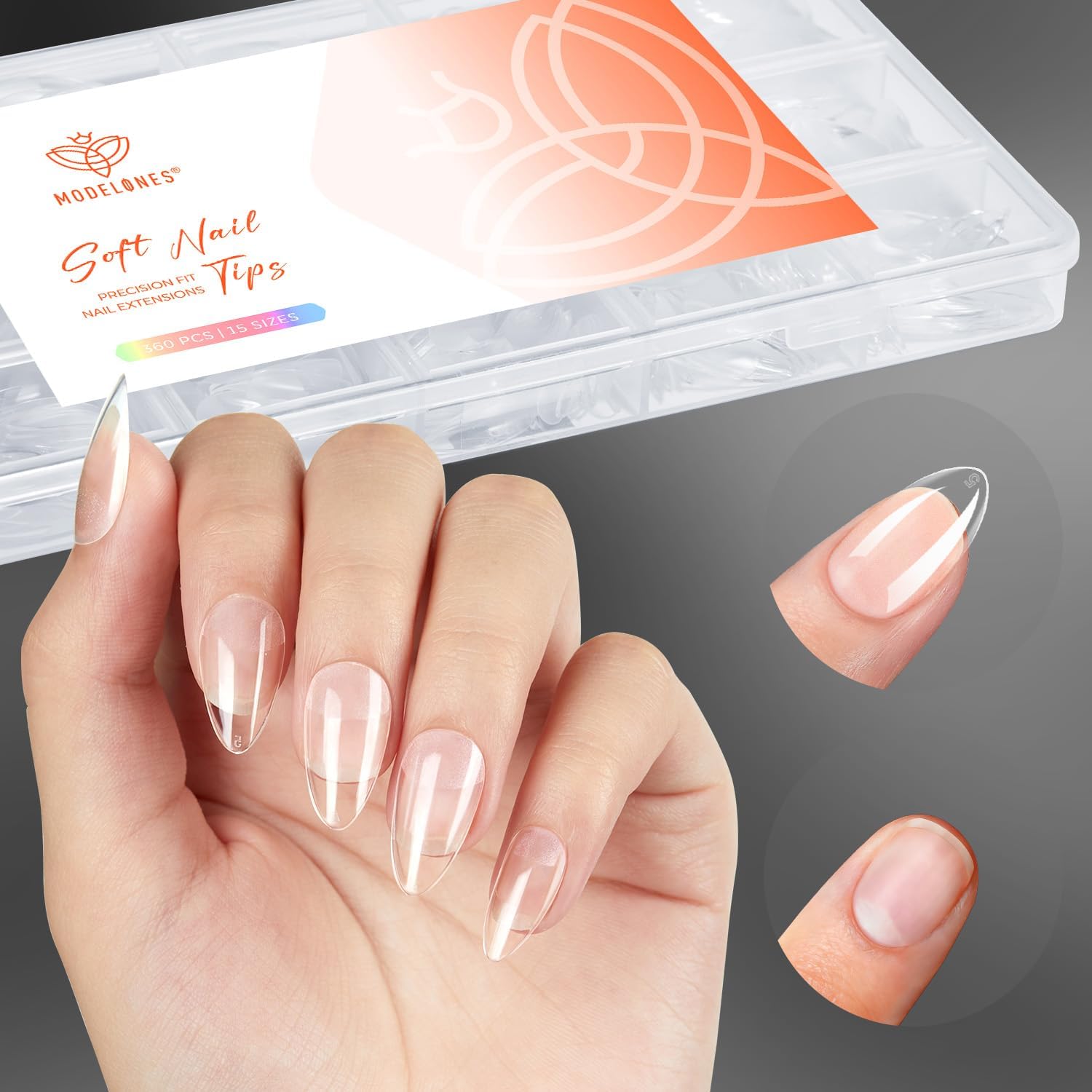 Modelones Short Almond Nail Tips 360 piece set for professional nail extensions