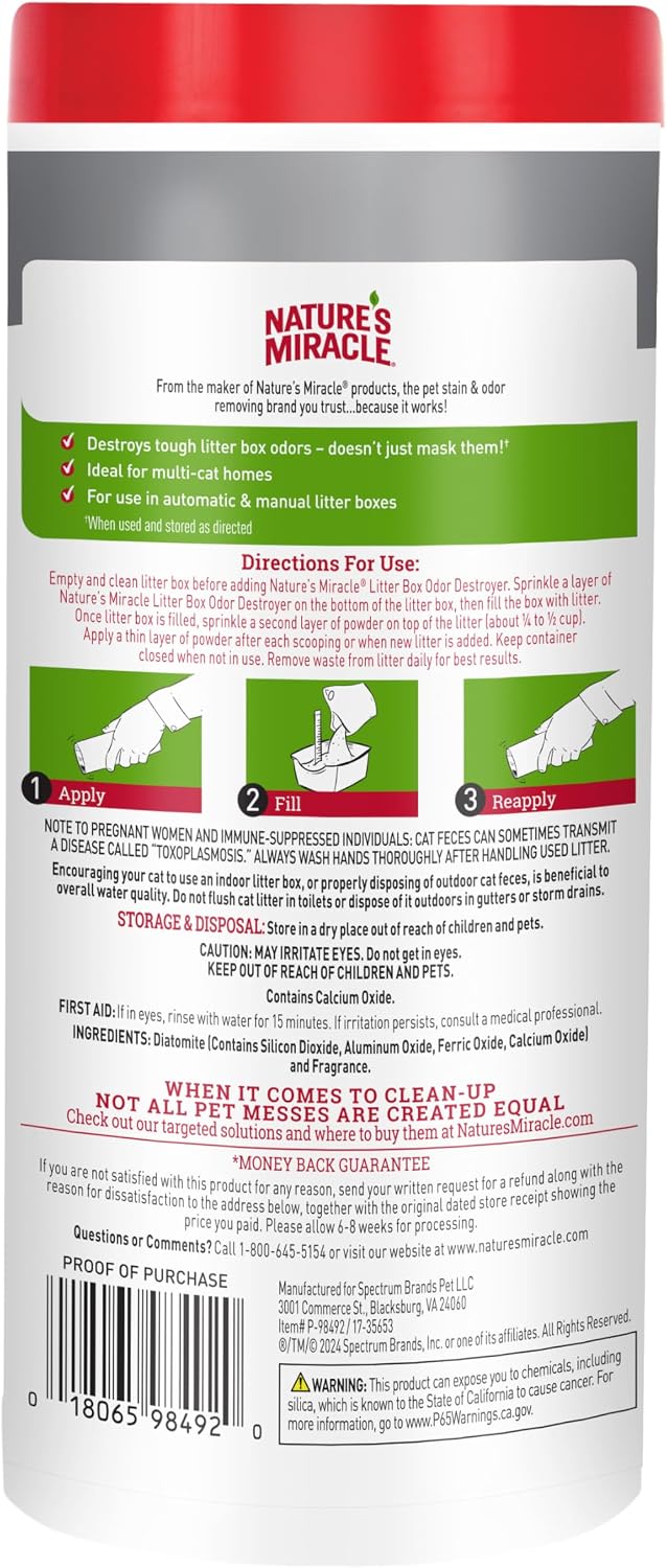 Close up of Natures Miracle litter powder back label with directions.