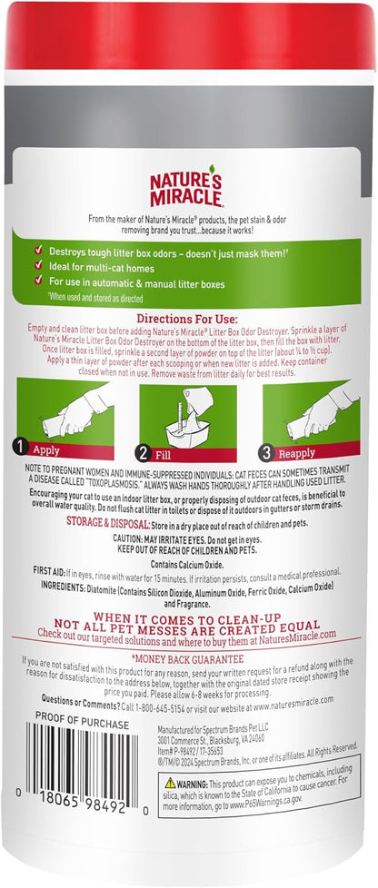 Close up of Natures Miracle litter powder back label with directions.