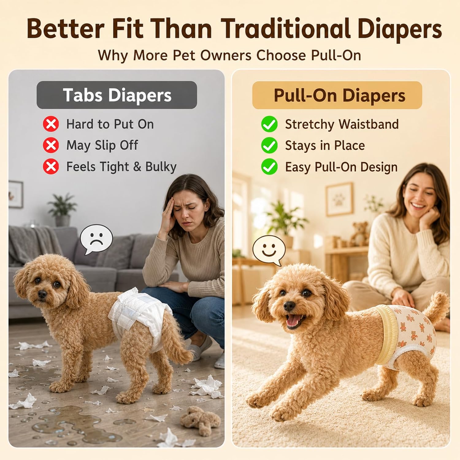 Ambreview disposable puppy diapers showcasing the built in tail hole for comfortable movement.