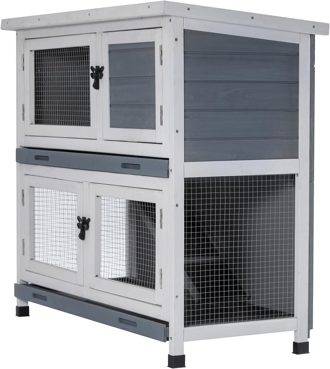 2 Story Solid Wood Rabbit/Bunny Hutch with 2 Large Main Rooms, Indoor Outdoor Rabbit House Guinea Pig Cage Pet House for Small Animals with Ventilation Door Removable Tray Waterproof Roof (Grey) - Image 1