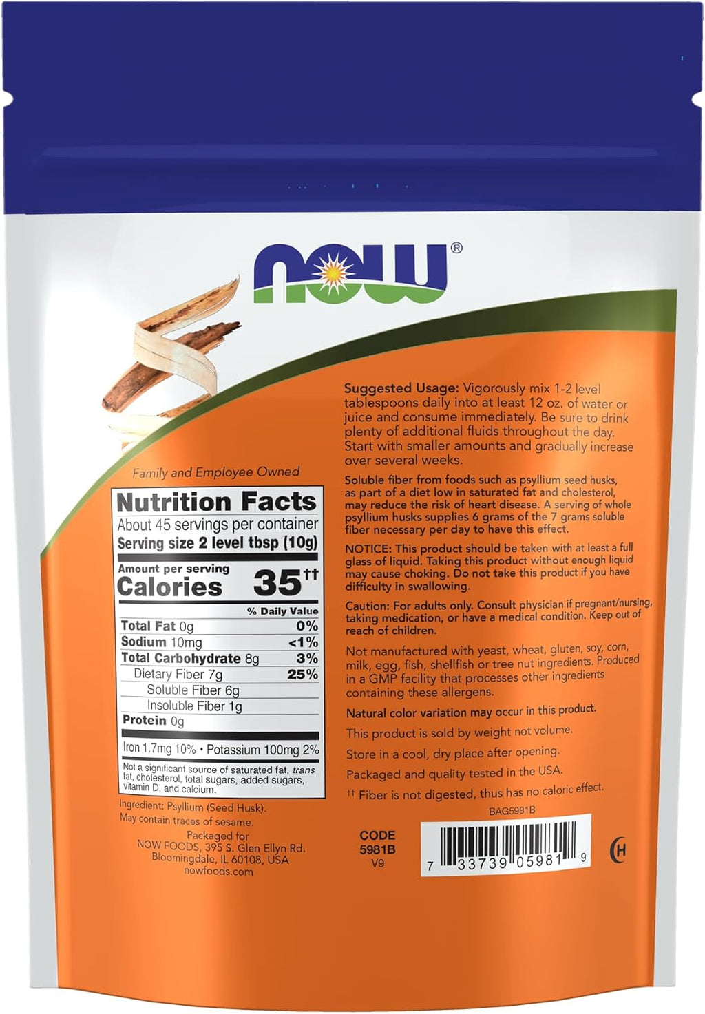 NOW Supplements, Whole Psyllium Husks, Soluble Fiber, 16 oz - Image 2