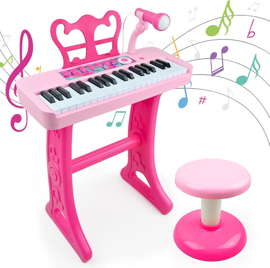 Love&Mini kids keyboard toy front view showing pink thirty-seven keys with microphone and stool assembly.