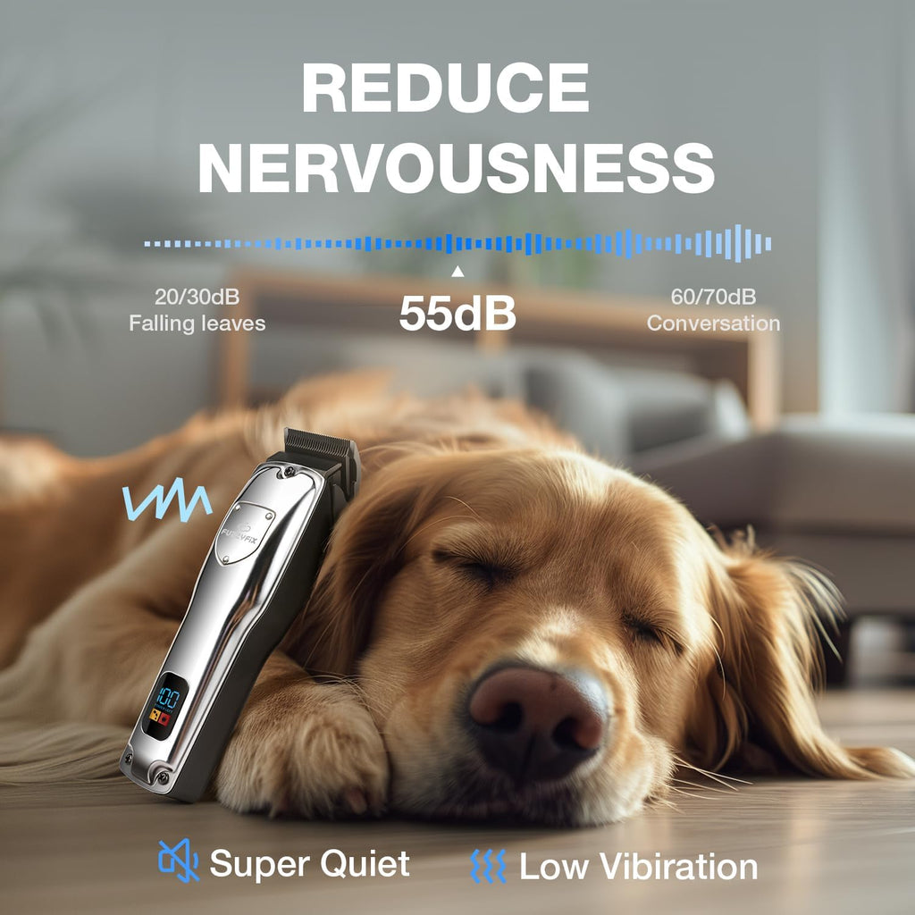 Low noise pet trimmer kit including stainless steel scissors and grooming comb