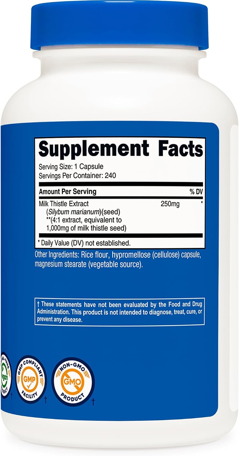 Back label of Nutricost Milk Thistle showing manufacturing and quality details.