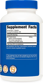Back label of Nutricost Milk Thistle showing manufacturing and quality details.