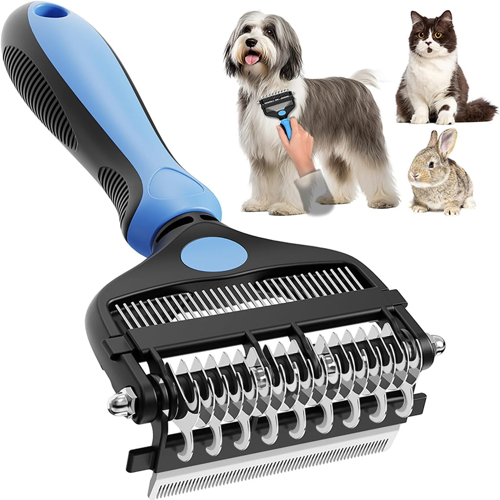 AXEFUN 3-in-1 pet grooming brush front view blue color deshedding tool