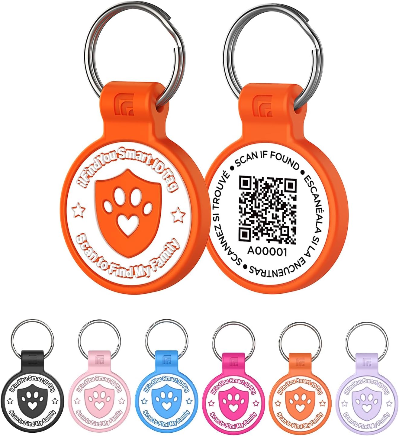 Purple small customizable QR code cat tag lifestyle view.