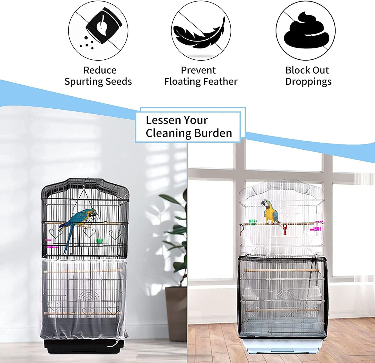 Stretchy bird cage net cover showing elastic top and bottom bands