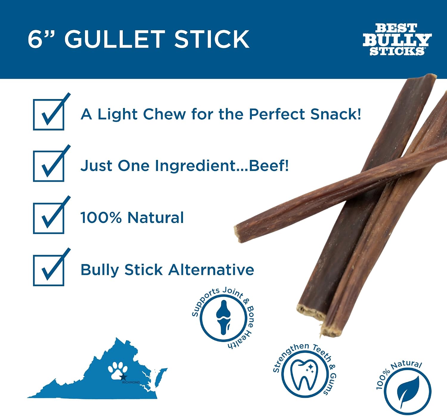 Best Bully Sticks beef esophagus chew snack texturized details close up.