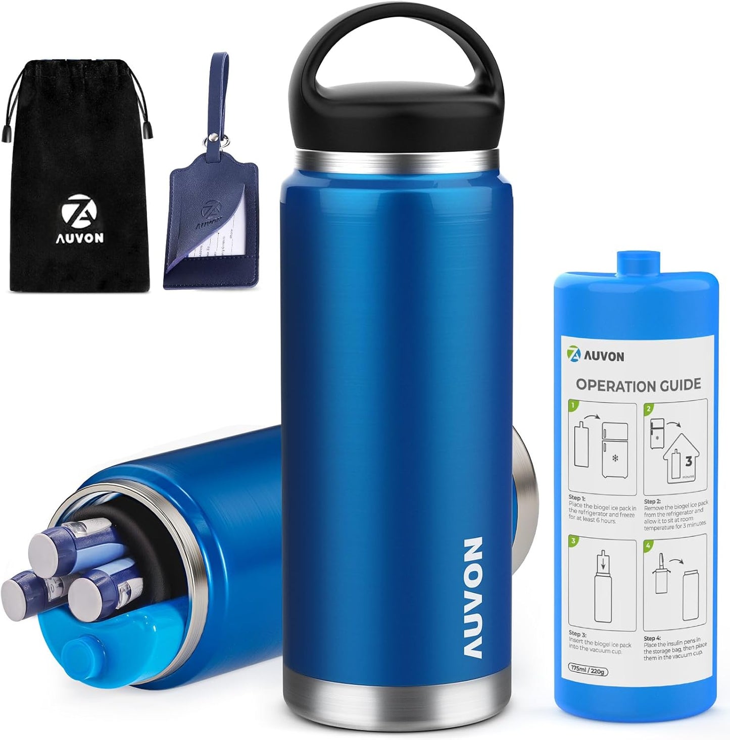 AUVON insulin pen cooler travel case front view showing blue vacuum insulated flask and portable handle lid