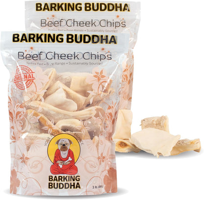 Barking Buddha Beef Cheek Chips front packaging view authentic premium dog chews