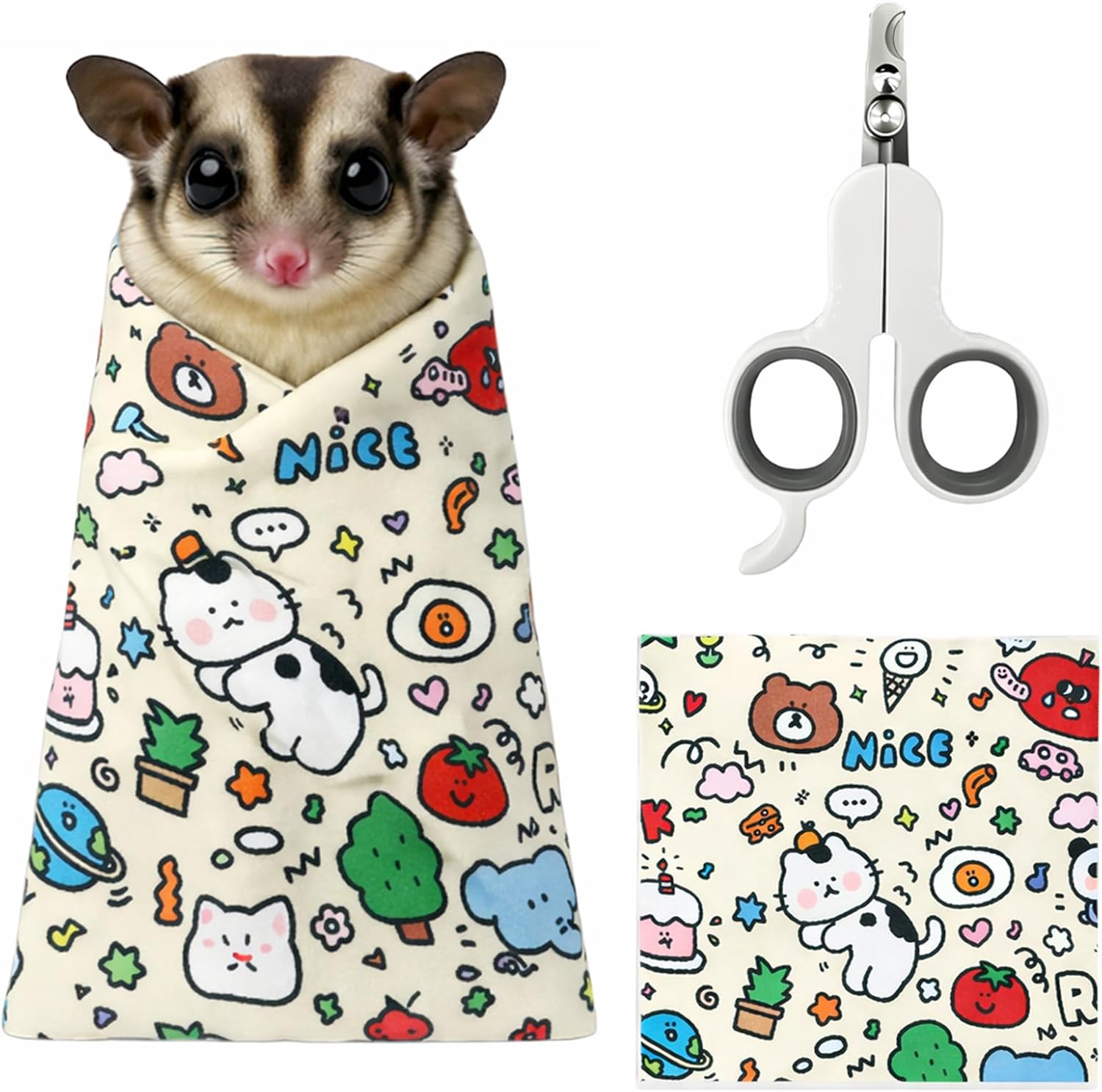 PEOT.SSHEE sugar glider grooming wrap with nail clipper front view showing cartoon pattern.