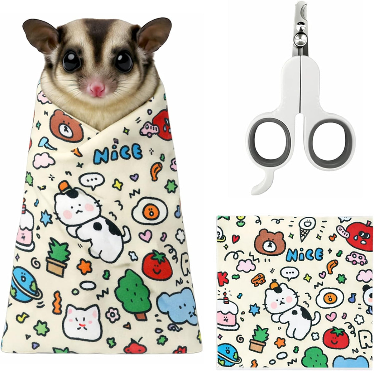 PEOT.SSHEE sugar glider grooming wrap with nail clipper front view showing cartoon pattern.