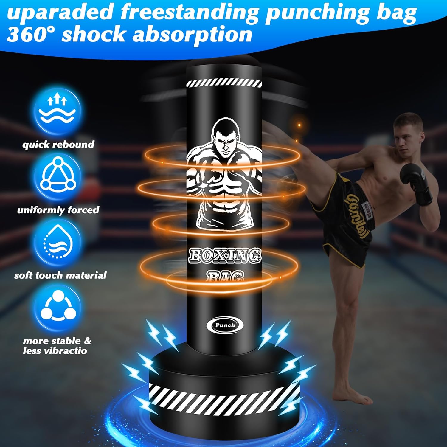 Yorwhin 70 inch standing heavy bag with widened stable base for kickboxing.