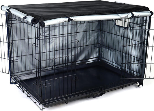 Kefit dog crate cover 42 inch front view showing black waterproof material on wire cage