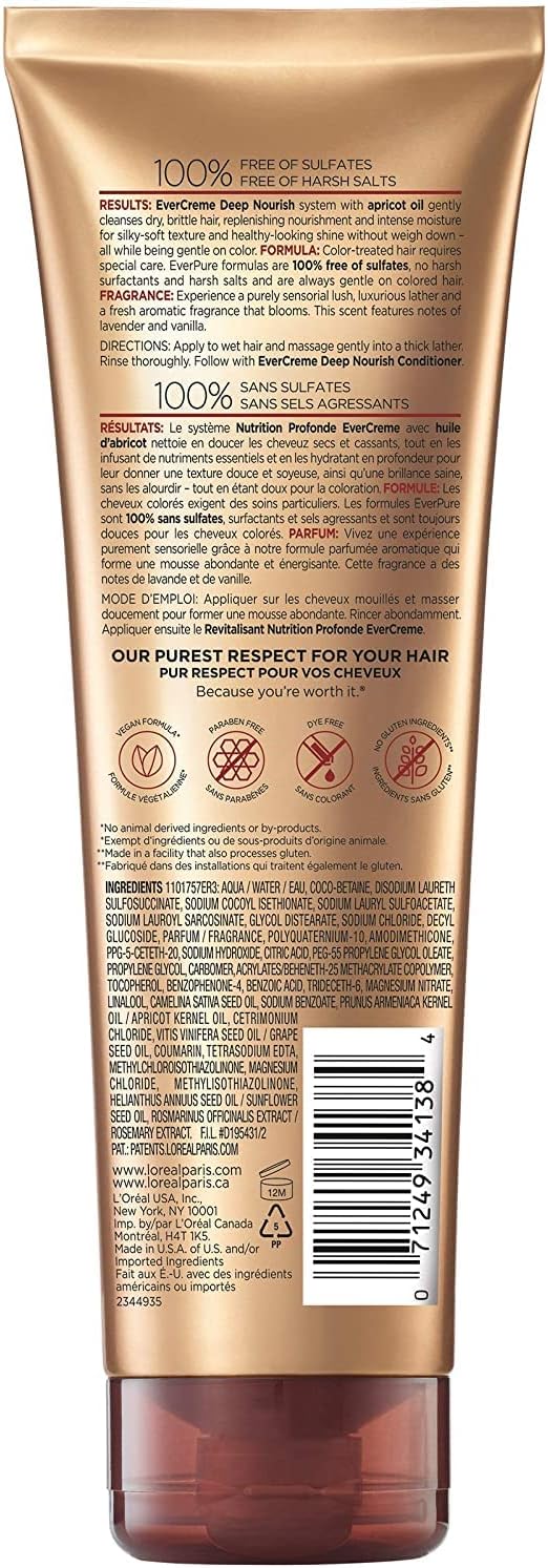 Back label of L'Oreal Paris EverCreme Deep Nourish Shampoo showing full ingredients list and directions.