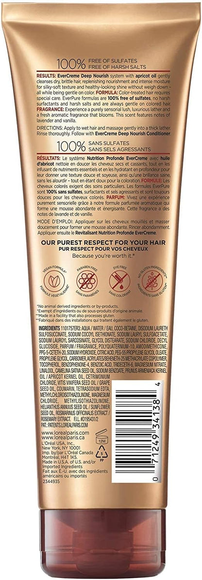 Back label of L'Oreal Paris EverCreme Deep Nourish Shampoo showing full ingredients list and directions.