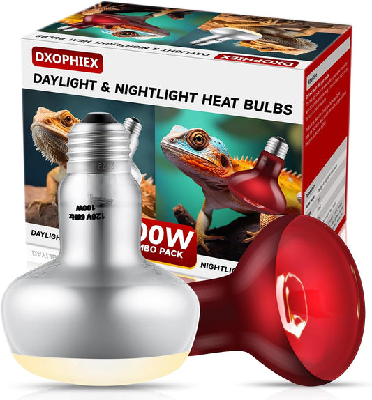 DXOPHIEX 2 Pack 100W Reptile Heat Lamp Bulbs front view showing daylight and infrared lamps.