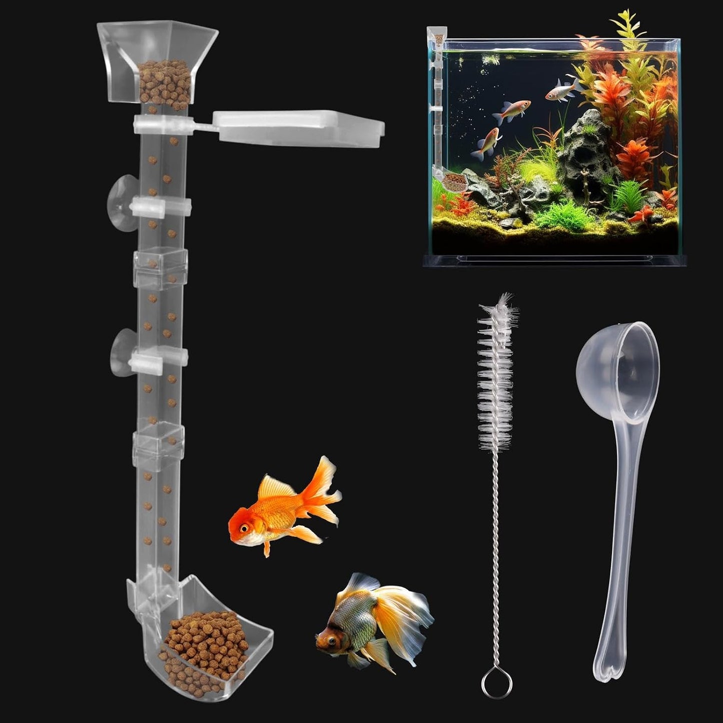 Kakalote shrimp feeding tube and dish set front view inside a clear aquarium fish tank.