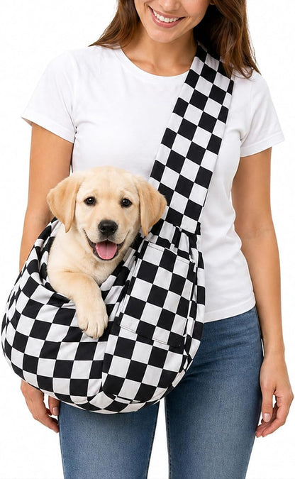 Lifestyle shot of owner using the pet carrier while shopping