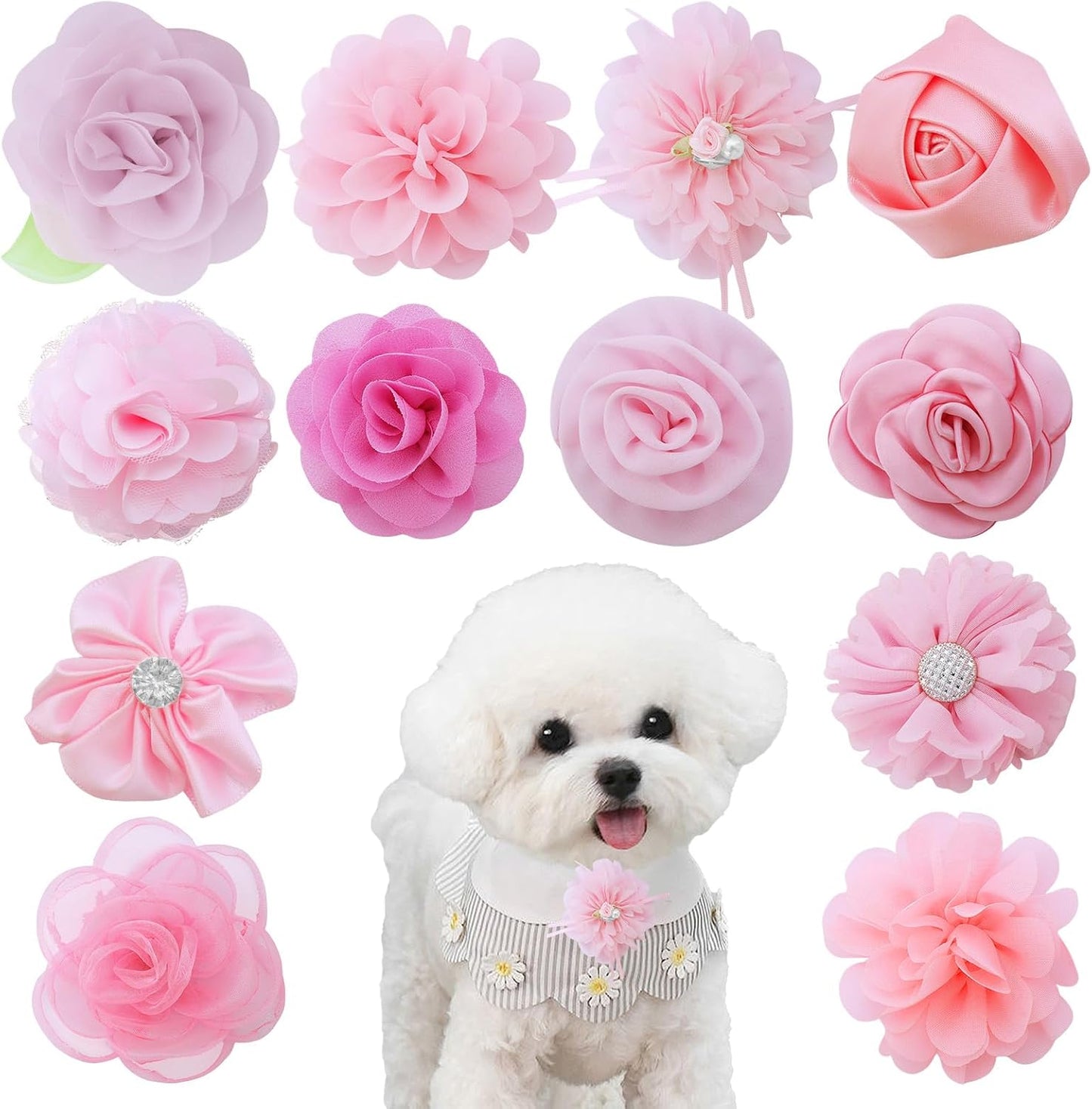 Dhthdrh pink dog collar flowers twelve piece set front view showing diverse chiffon floral designs