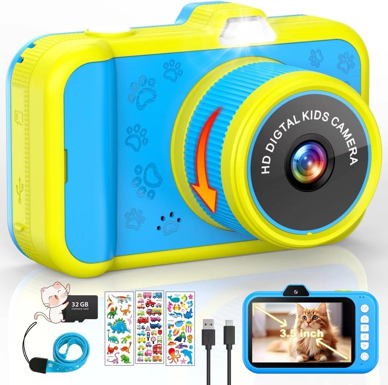 Uffylle kids digital camera front view showing blue SLR style body and rotating zoom lens
