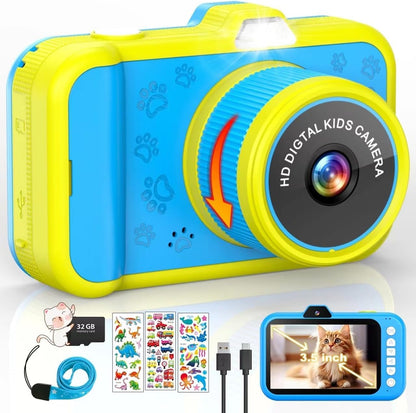 Uffylle kids digital camera front view showing blue SLR style body and rotating zoom lens