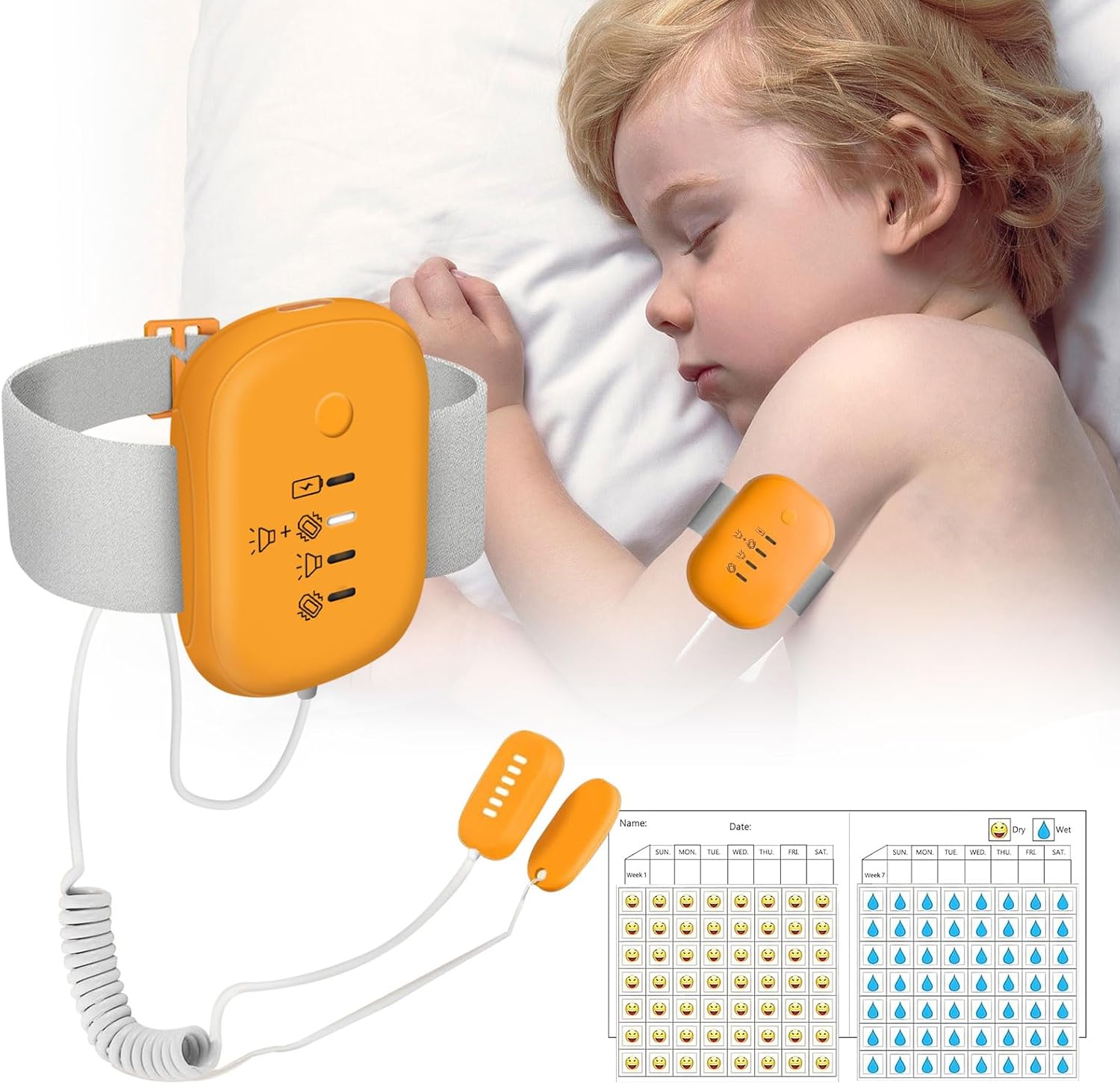 Yoiilifee Bed Wetting Alarm front view showing orange sensor unit and clip.