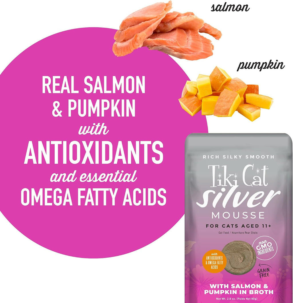 Key ingredient highlights featuring real salmon and pumpkin graphics