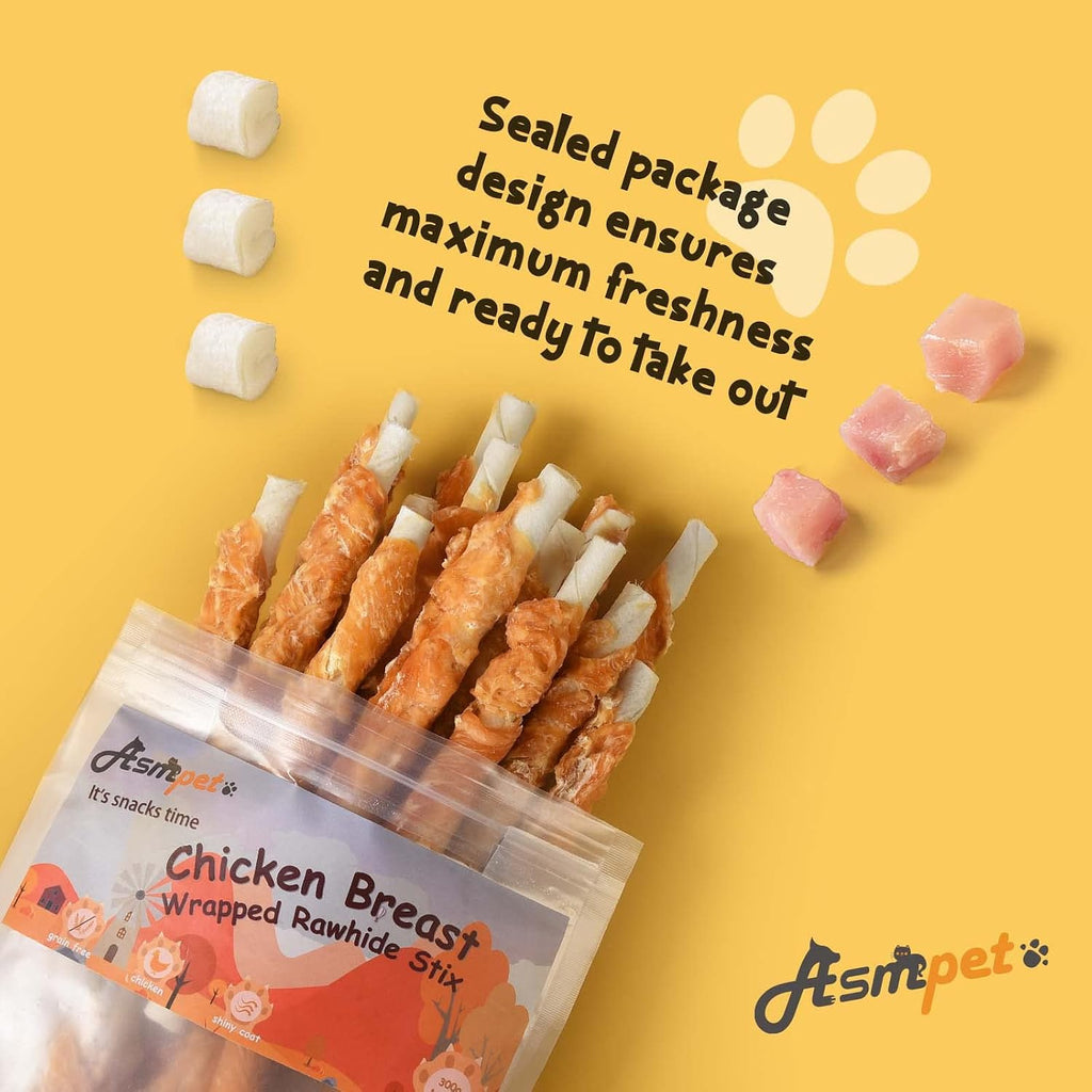 Dental care dog chews chicken wrapped rawhide sticks