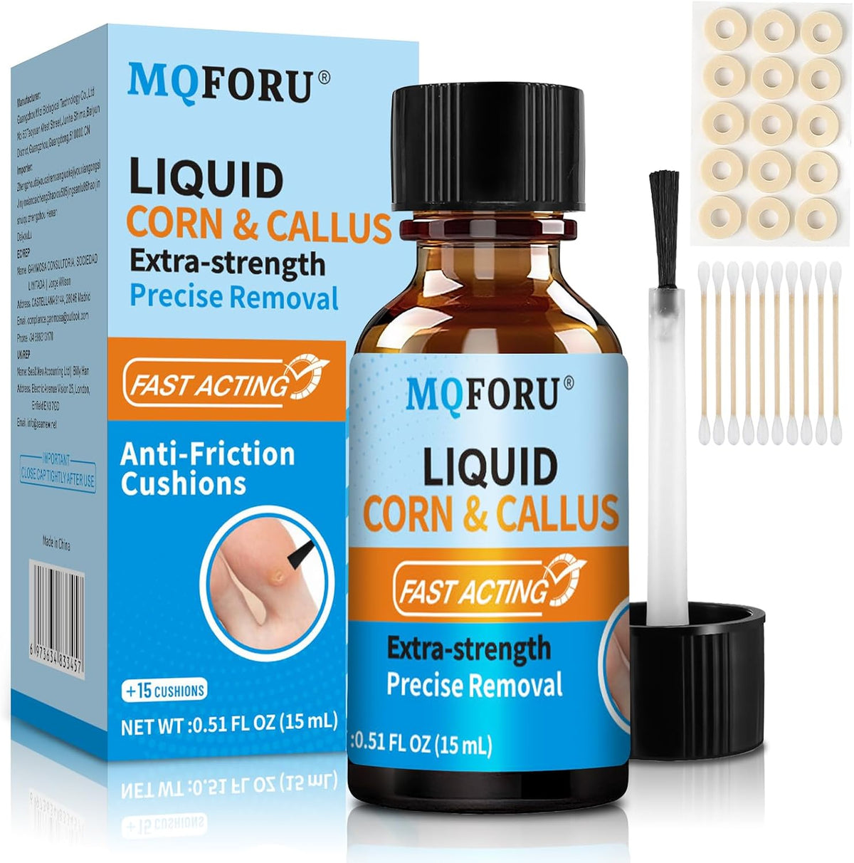 MQFORU extra strength liquid corn and callus remover kit front view showcasing the packaging bottle and accessories