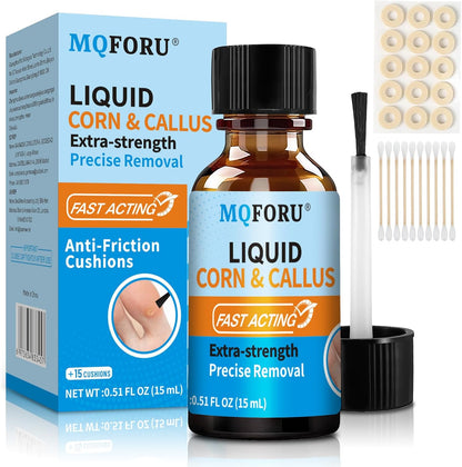 MQFORU extra strength liquid corn and callus remover kit front view showcasing the packaging bottle and accessories