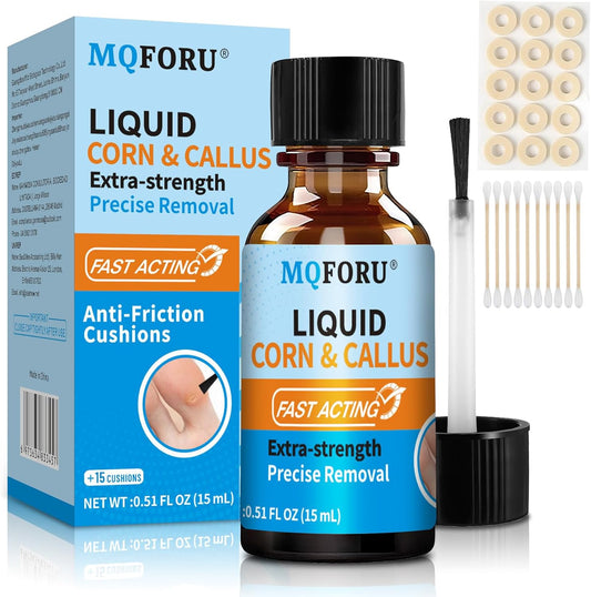 MQFORU extra strength liquid corn and callus remover kit front view showcasing the packaging bottle and accessories