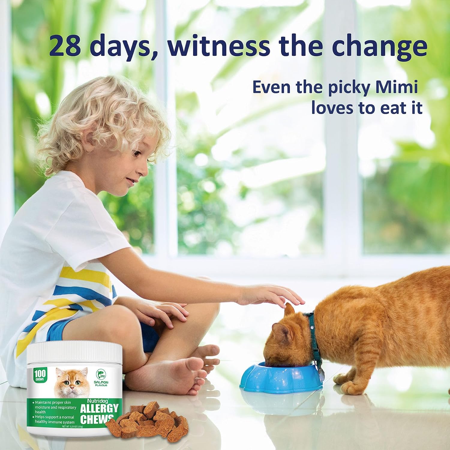 Carmelie seasonal allergy relief chews for cats showing the one hundred count bottle size.