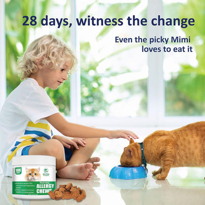 Carmelie seasonal allergy relief chews for cats showing the one hundred count bottle size.