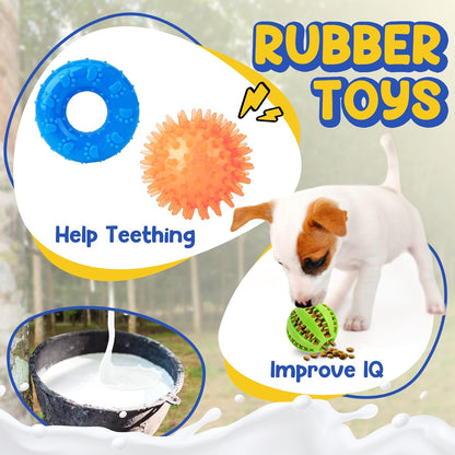 Collection of squeaky rubber chew toys for puppies