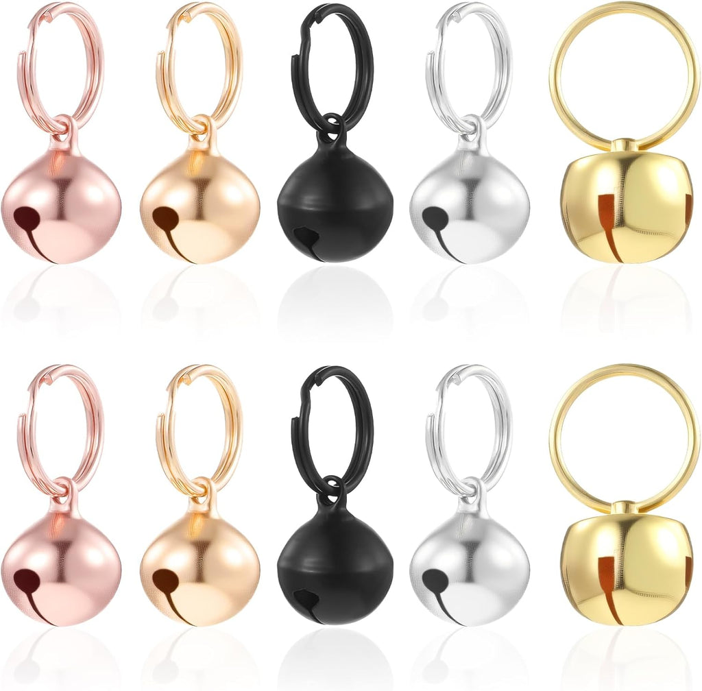 Thrymme dog collar bells front view showing ten pieces in five metallic finishes