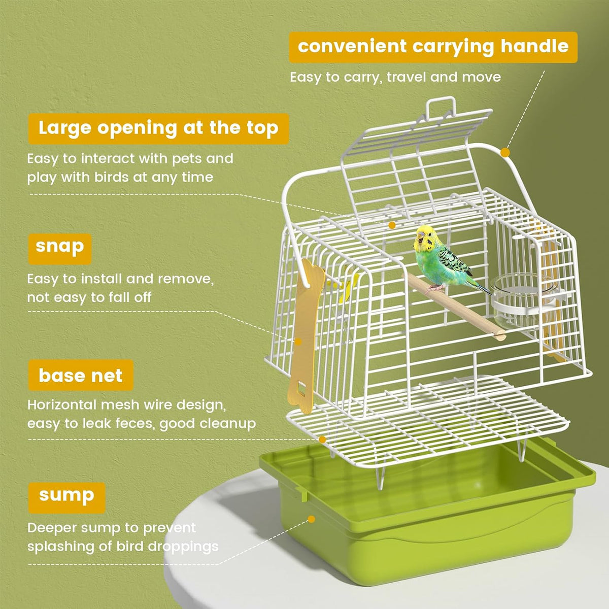 Small Bird Cage,Parakeet Travel Carrier with Handle,Perch,Feeder,Waterer - Image 4