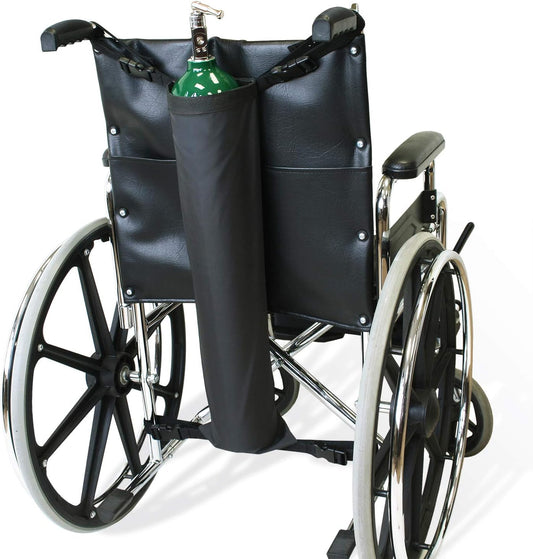 NYOrtho Oxygen Cylinder Holder front view on standard wheelchair